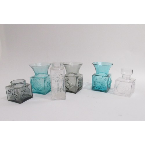 9195 - Six Frank Thrower Dartington glass vases in clear, smoked and blue, various designs. Tallest 14.5cm