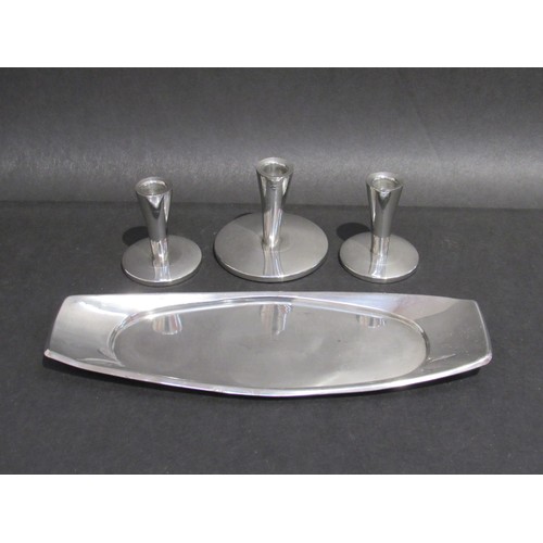 9252 - A set of three Viners pewter candle holders designed by Gerald Benny and matching tray, marked to ba... 