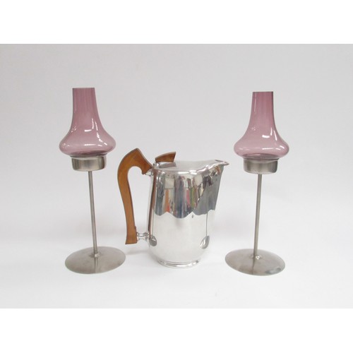 9251 - Two Old Hall stainless steel candle holders designed by Robert Welch with glass shades and a Picquet... 