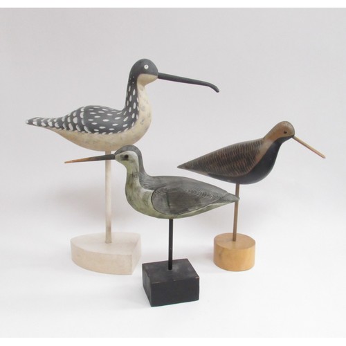 9381 - Three carved hand painted wooden bird sculptures in the style of Guy Taplin. Tallest 43cm