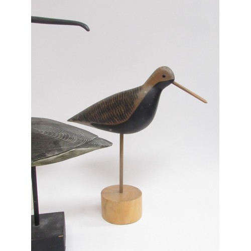 9381 - Three carved hand painted wooden bird sculptures in the style of Guy Taplin. Tallest 43cm