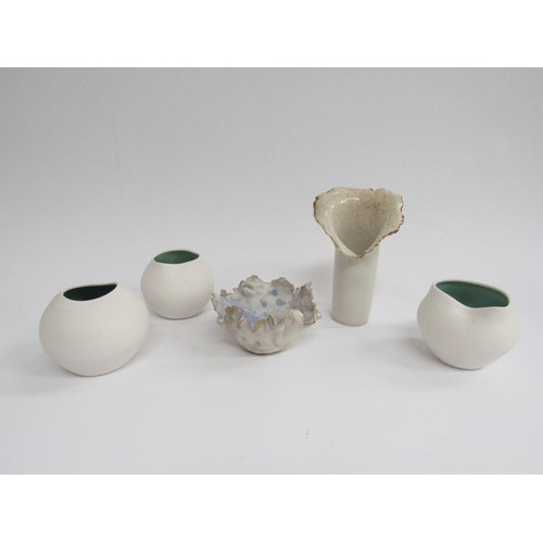 9089 - A Studio Pottery delicate vase in the style of Mary Rogers and a similar signed bowl, along with thr... 