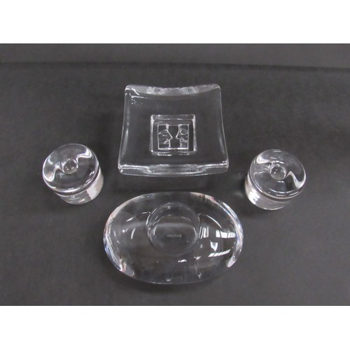 9145 - Three Orrefors signed clear glass candle holders and a Scandinavian clear glass pin dish in the mann... 