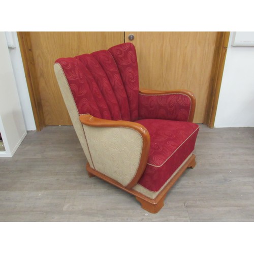 9280 - A 1940's Danish armchair, original embossed upholstery in red, stained oak arms and feet. 80cm x 92c... 