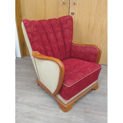 9280 - A 1940's Danish armchair, original embossed upholstery in red, stained oak arms and feet. 80cm x 92c... 