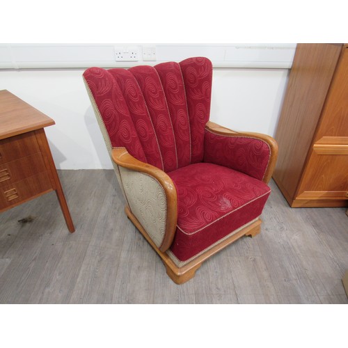 9293 - A 1940's Danish armchair, original embossed upholstery in red, stained oak arms and feet. 80cm x 92c... 