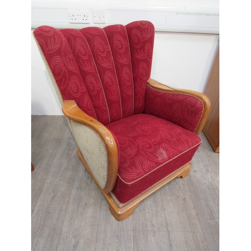 9293 - A 1940's Danish armchair, original embossed upholstery in red, stained oak arms and feet. 80cm x 92c... 