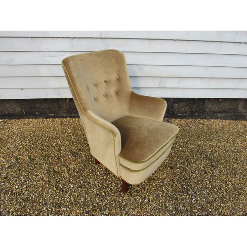 9296 - A 1940's Danish armchair, original green velor upholstery, raised on short square legs. 60cm x 77cm ... 