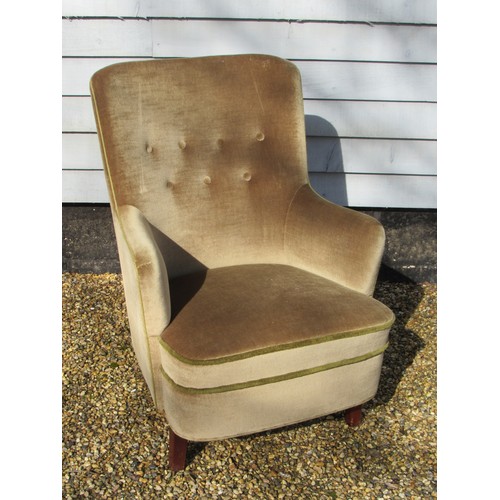 9296 - A 1940's Danish armchair, original green velor upholstery, raised on short square legs. 60cm x 77cm ... 