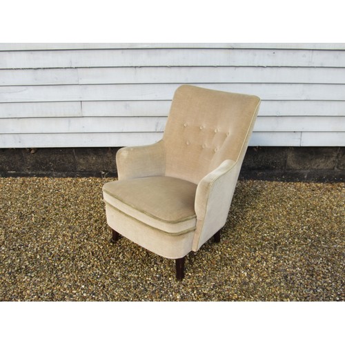 9297 - A 1940's Danish armchair, original pale green velor upholstery, raised on short square legs. 60cm x ... 