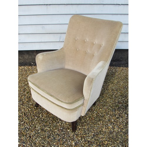 9297 - A 1940's Danish armchair, original pale green velor upholstery, raised on short square legs. 60cm x ... 