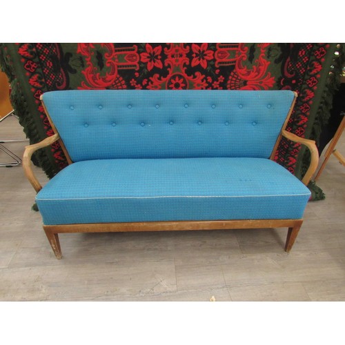 9299 - A 1940's Danish three seater sofa with original turquoise upholstery, stained beech arms, base and l... 