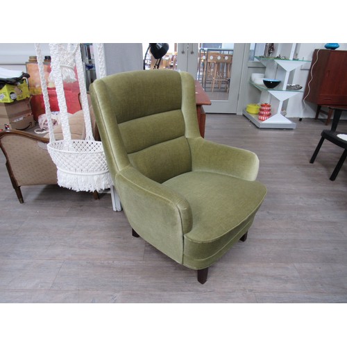 9328 - A 1940's Danish armchair in original green velour upholstery, dark stained short legs. 72cm x 86cm x... 