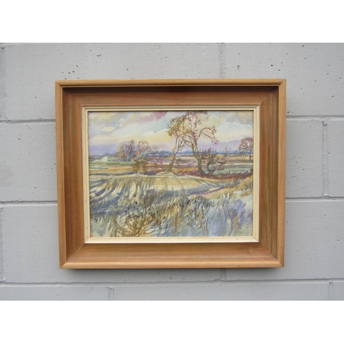 9390 - MARY MILLAR-WATT (b.1924, Suffolk artist): A framed and glazed watercolour of a winter landscape, ch... 