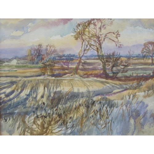 9390 - MARY MILLAR-WATT (b.1924, Suffolk artist): A framed and glazed watercolour of a winter landscape, ch... 