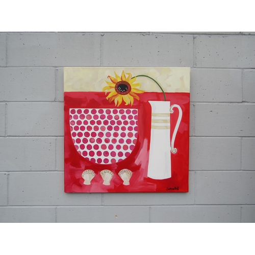 9387 - SERENA HALL (Contemporary Southwold Artist)  An acrylic on canvas still life, Jug with Sunflower & S... 