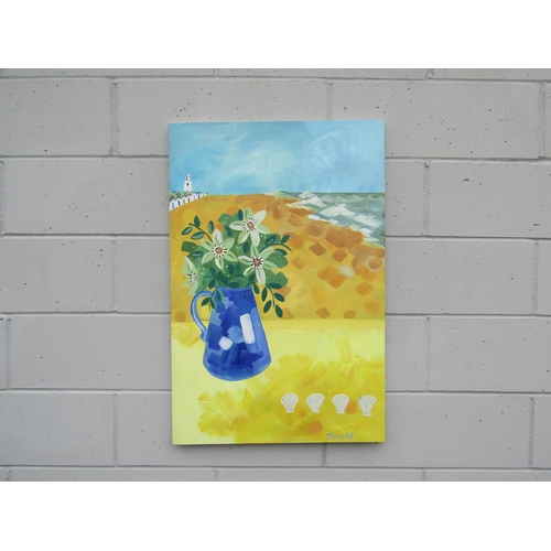 9370 - SERENA HALL (Contemporary Southwold Artist).  An acrylic on canvas still life, Jug of Passion Flower... 