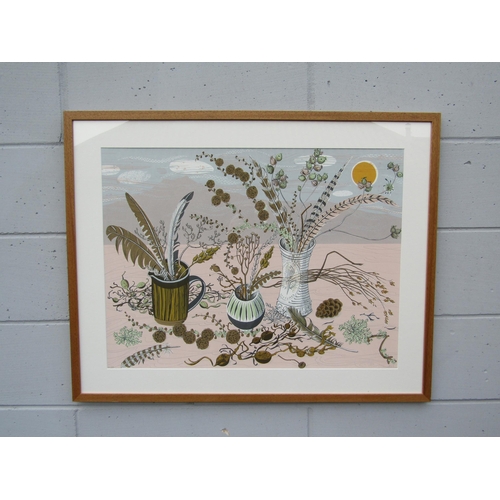 9408 - ANGIE LEWIN (b.1963): A limited edition screen print “Larch” depicting vases and jugs of feathers an... 