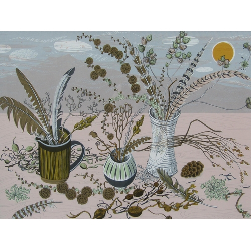 9408 - ANGIE LEWIN (b.1963): A limited edition screen print “Larch” depicting vases and jugs of feathers an... 