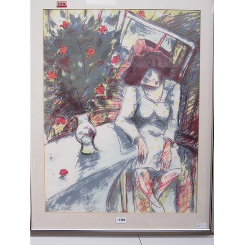 9388 - A framed and glazed limited edition print of woman sat at table with vase of flowers. Indistinctly p... 