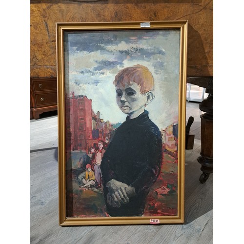 9391 - A Scottish surrealist style oil on board of a boy with blackened eyes, red buildings to background a... 