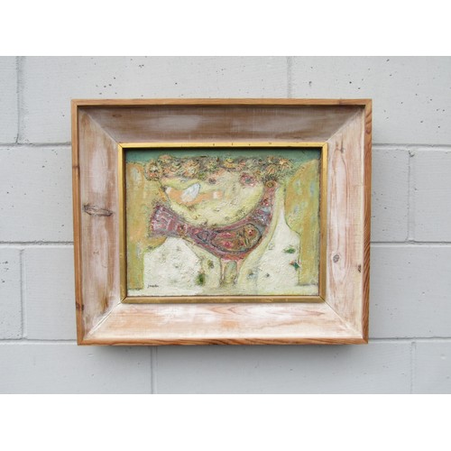 9409 - J.MARTIN (XX) 'Pink Bird' oil on board, signed bottom left, framed. Label remains verso for The Augu... 