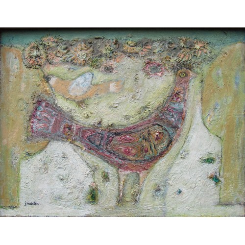 9409 - J.MARTIN (XX) 'Pink Bird' oil on board, signed bottom left, framed. Label remains verso for The Augu... 