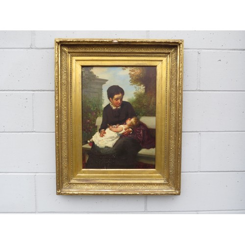 8035 - A late 19th century oil on canvas of a seated mother and child on a garden bench. Indistinctly signe... 