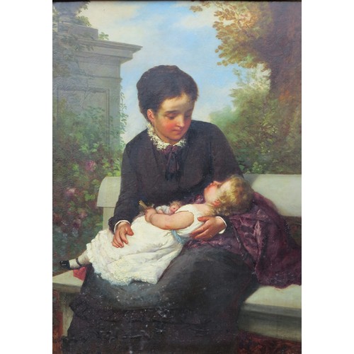 8035 - A late 19th century oil on canvas of a seated mother and child on a garden bench. Indistinctly signe... 