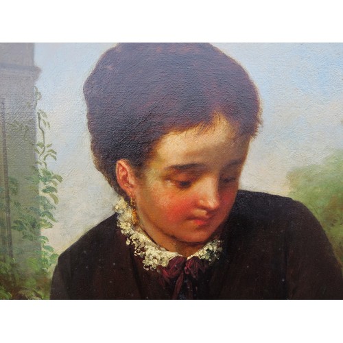 8035 - A late 19th century oil on canvas of a seated mother and child on a garden bench. Indistinctly signe... 