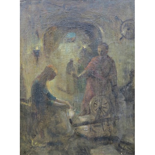 8032 - A late 19th/early 20th Century oil on canvas depicting a work master overseeing a young woman at a s... 