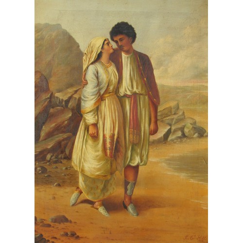 8047 - A late 19th Century oil on canvas depicting an Eastern couple standing on a shore, mountain rocks be... 