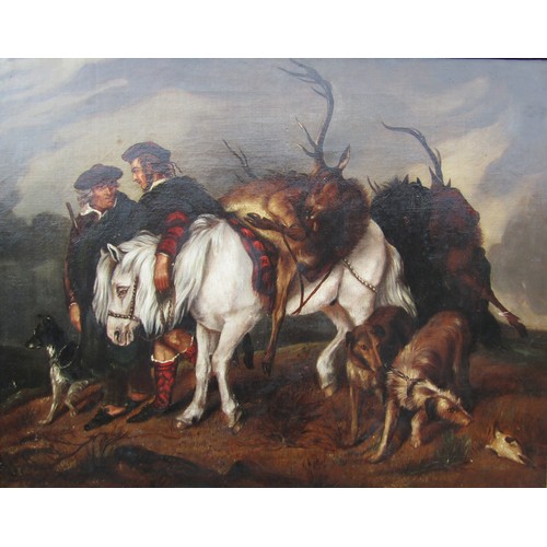 8008 - A 19th Century oil on canvas depicting a Scottish scene, after the hunt with stags laid over pony ba... 