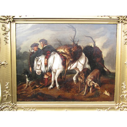 8008 - A 19th Century oil on canvas depicting a Scottish scene, after the hunt with stags laid over pony ba... 