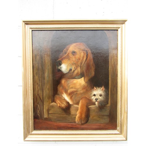 8042 - After Landseer - An oil on canvas of 'Dignity & Impudence' depicting two dogs. Unsigned. Set in a gi... 