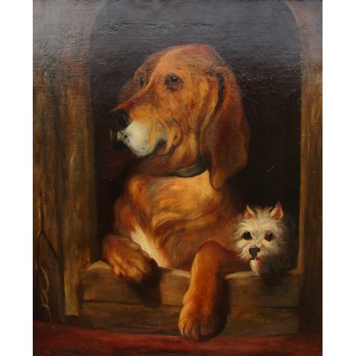 8042 - After Landseer - An oil on canvas of 'Dignity & Impudence' depicting two dogs. Unsigned. Set in a gi... 