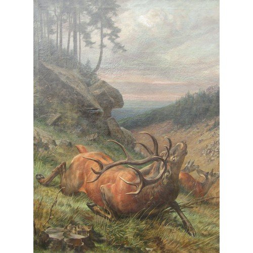 8001 - LOUIS HENRY WESTON KLINGENDER (1861-1950) An oil on canvas depicting Stag and hinds on a cragside. S... 