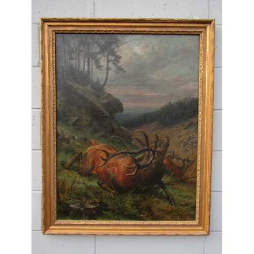 8001 - LOUIS HENRY WESTON KLINGENDER (1861-1950) An oil on canvas depicting Stag and hinds on a cragside. S... 