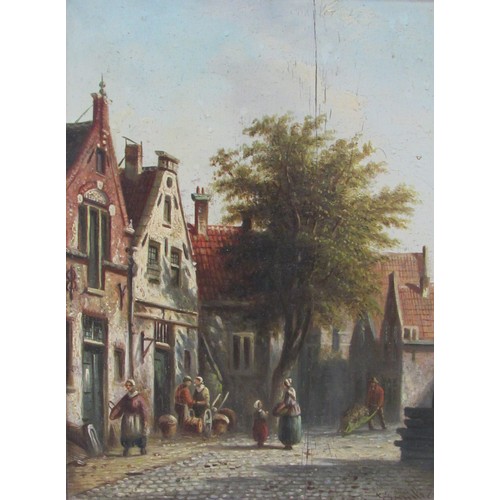 8030 - JOHANNES FRANCISCUS SPOHLER (Dutch 1853-1923) A gilt framed oil on board mahogany panel, Dutch town ... 