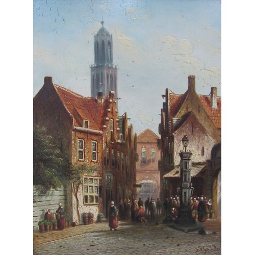 8029 - JOHANNES FRANCISCUS SPOHLER (Dutch 1853-1923) A gilt framed oil on mahogany panel, Dutch town scene ... 