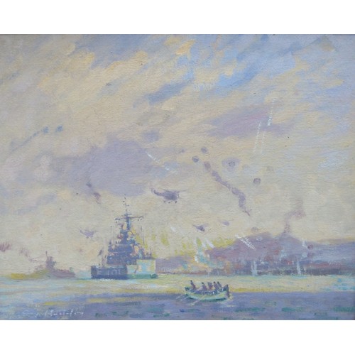 8066 - DENNIS ROY HODDS (1933- 1987) A framed oil on board of 'H.M.S Yarmouth At The Falklands'. Signed bot... 