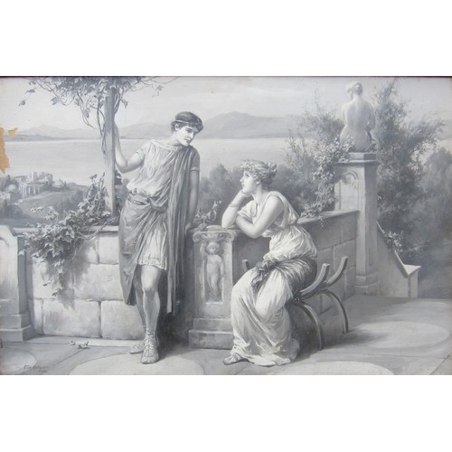 8051 - EVA HOLLYER (1865-1948) A framed monochrome oil on canvas depicting classical style figures on a bal... 