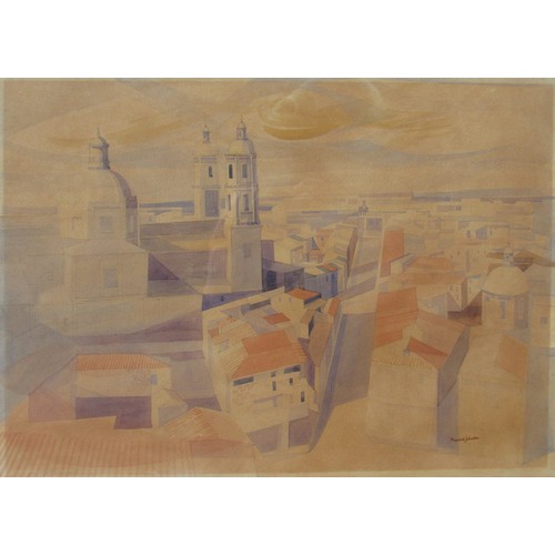 8064 - MAURICE JOHNSON (b.1920-): A framed and glazed watercolour of a townscape, viewed from high. Signed ... 