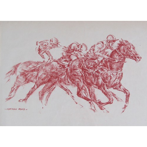 8070 - NORMAN HOAD (1923-2014): A framed and glazed red chalk drawing of race horses and jockey's. Signed b... 