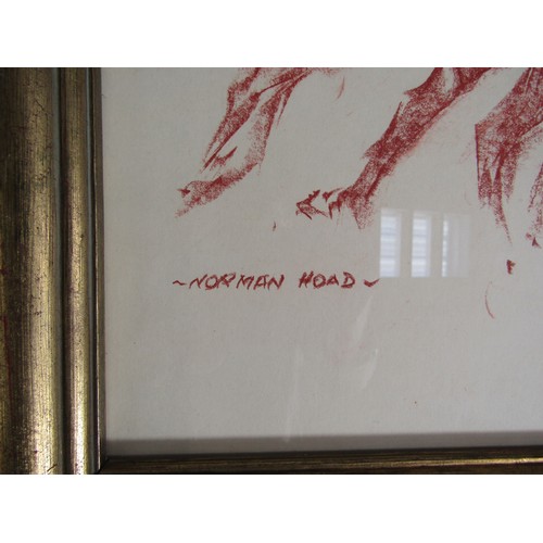 8070 - NORMAN HOAD (1923-2014): A framed and glazed red chalk drawing of race horses and jockey's. Signed b... 