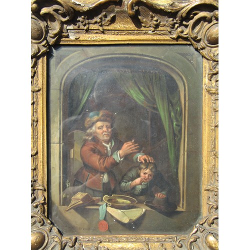 8038 - An early 19th Century oil on board after Gerrit Dou 'The Dentist' unsigned. Set in an ornate gilt fr... 