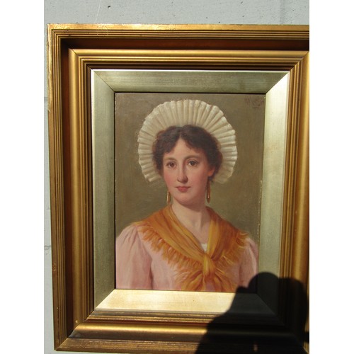 8037 - HARRY FRANK CUTTING (1865-1955 Suffolk artist): Bust length portrait of a young lady wearing a pink ... 