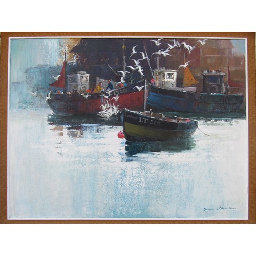 8074 - BRIAN O'HANLON (XX) A framed oil on board depicting trawlers at Lowestoft. Signed bottom. Image size... 