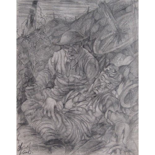 8078 - FRANK LAMB (XX): A framed and glazed pencil drawing of WWI soldiers in the trenches.  Signed bottom ... 