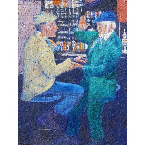 8080 - A framed oil on board depicting Two horse dealers bargaining in a bar. Unsigned. 44cm x 35cm   (E £2... 